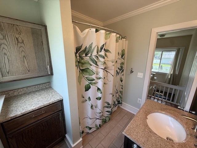 1316 Vassar Dr, Kalamazoo, MI 49001 - bathroom featuring vanity, ornamental molding, a shower with curtain, and tile patterned flooring