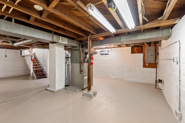 716 17th St, Jackson, MI 49203 - unfinished below grade area with electric panel, stairway, and heating unit