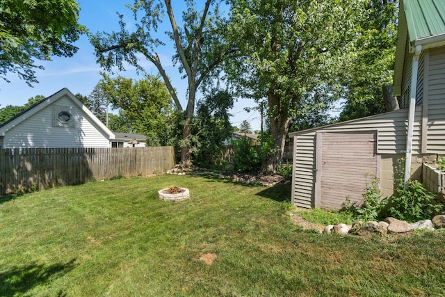 716 17th St, Jackson, MI 49203 - fenced backyard with a fire pit and an outdoor structure