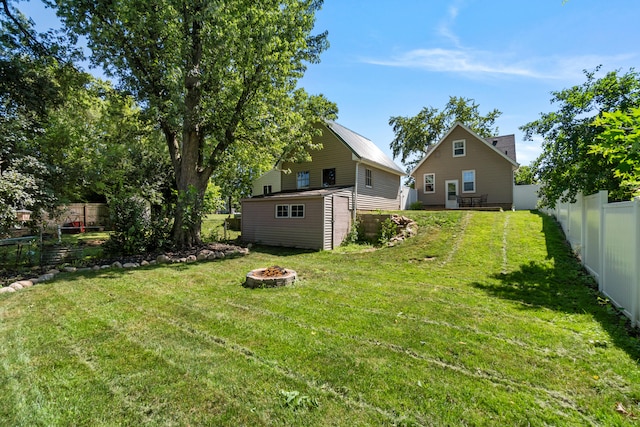 716 17th St, Jackson, MI 49203 - fenced backyard with a fire pit and an outdoor structure