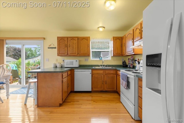 3070 10th St, Monroe, MI 48162 - kitchen featuring white appliances, under cabinet range hood, a peninsula, dark countertops, and brown cabinets