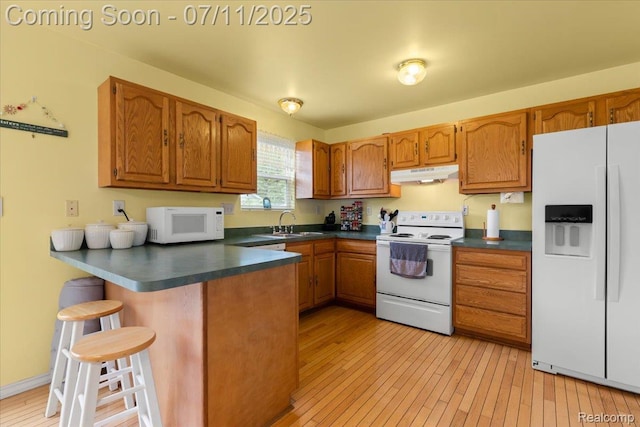 3070 10th St, Monroe, MI 48162 - kitchen featuring white appliances, under cabinet range hood, dark countertops, brown cabinets, and a peninsula