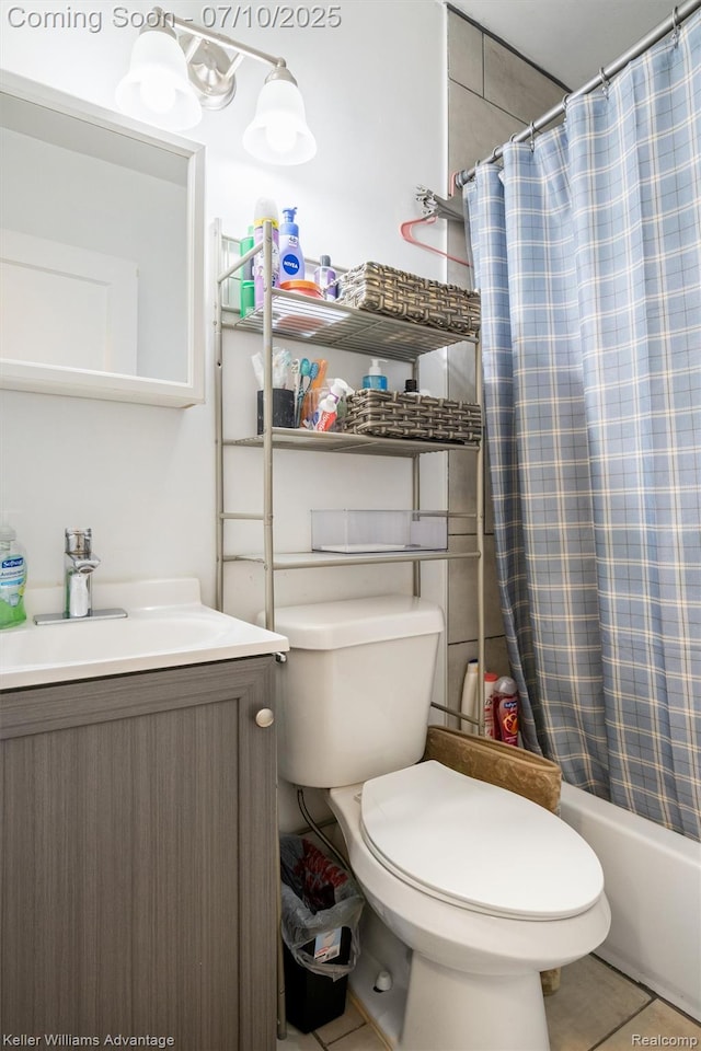 15326 Brookfield St, Livonia, MI 48154 - full bathroom with vanity, shower / bath combo with shower curtain, and tile patterned flooring