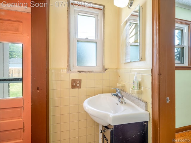 35622 Minton St, Livonia, MI 48150 - bathroom with tile walls, wainscoting, and vanity