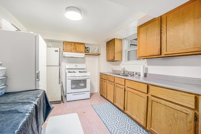 15645 Rich Ln, Hickory Corners, MI 49060 - kitchen with white appliances, under cabinet range hood, light countertops, brown cabinets, and open shelves