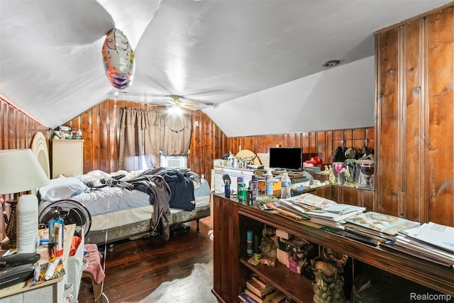 19359 Montrose St, Detroit, MI 48235 - bedroom with wooden walls, vaulted ceiling, wood-type flooring, cooling unit, and a ceiling fan