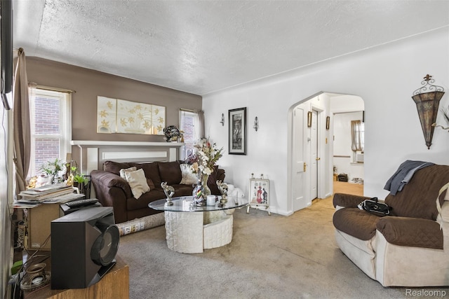 19359 Montrose St, Detroit, MI 48235 - living room with arched walkways, carpet, and a textured ceiling