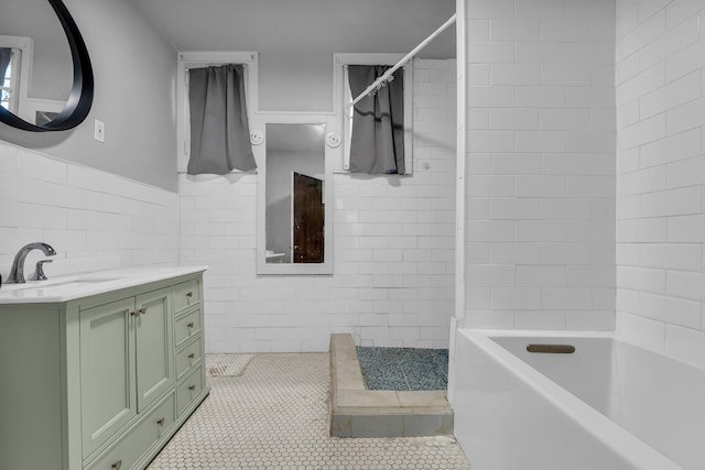 1227 Longfellow St, Detroit, MI 48202 - bathroom with tile walls, vanity, tile patterned floors, and a wainscoted wall
