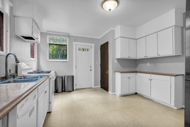 1227 Longfellow St, Detroit, MI 48202 - kitchen with white appliances, white cabinets, ornamental molding, and light tile patterned floors