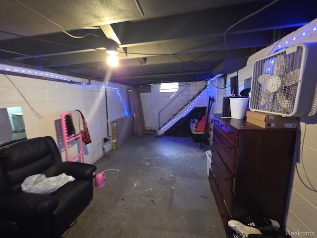 20460 Appoline St, Detroit, MI 48235 - unfinished basement featuring concrete block wall and stairway