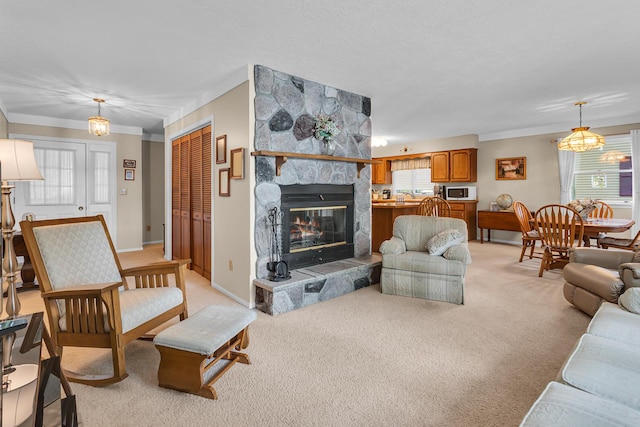 263 Westshore Dr, Jerome, MI 49249 - living area with a fireplace, light colored carpet, and ornamental molding