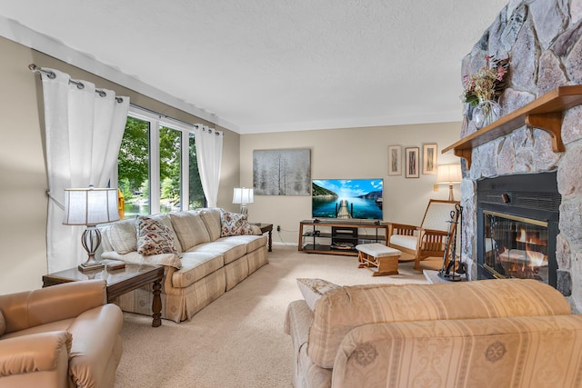 263 Westshore Dr, Jerome, MI 49249 - carpeted living room with a stone fireplace and a textured ceiling