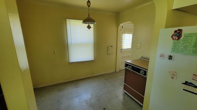 1109 Meadowbrooke St, Inkster, MI 48141 - kitchen featuring freestanding refrigerator, arched walkways, dishwasher, and hanging light fixtures