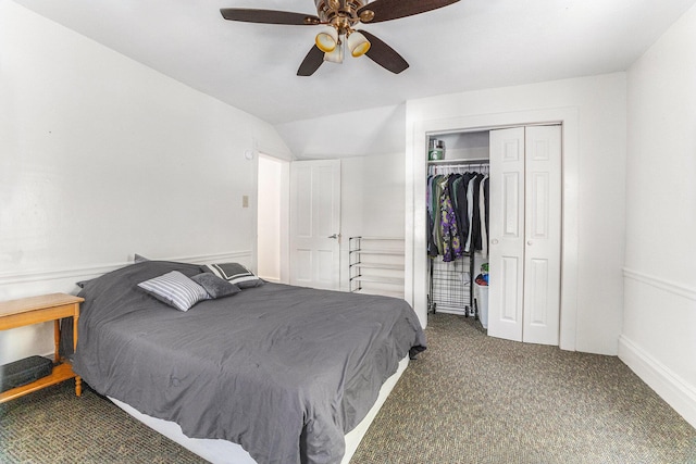 617 E Thorn St, Hastings, MI 49058 - carpeted bedroom featuring a closet, vaulted ceiling, and ceiling fan
