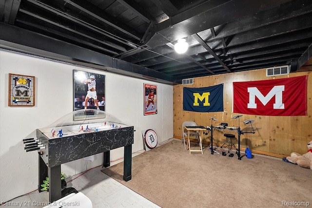 4151 Seminole Dr, Royal Oak, MI 48073 - game room with wood walls and carpet flooring
