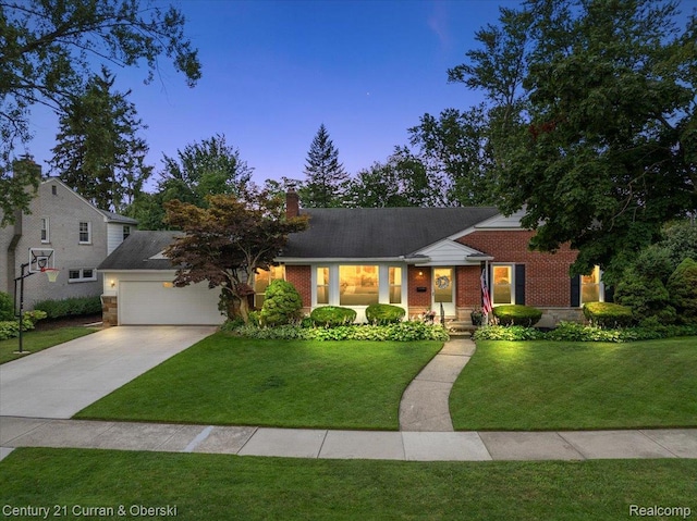 4151 Seminole Dr, Royal Oak, MI 48073 - view of front of property featuring concrete driveway, brick siding, a front lawn, an attached garage, and a chimney
