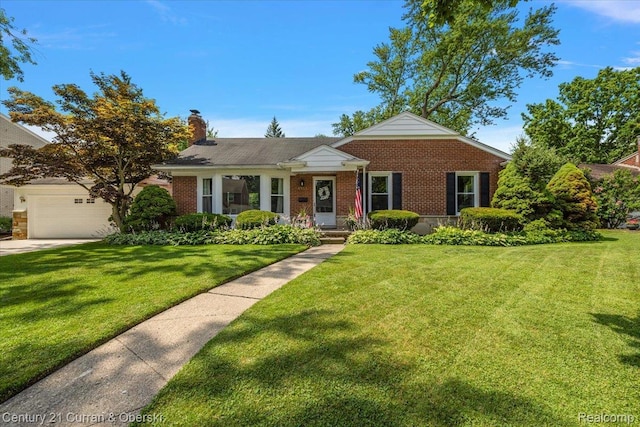 4151 Seminole Dr, Royal Oak, MI 48073 - view of front facade with brick siding, a chimney, a front yard, and driveway