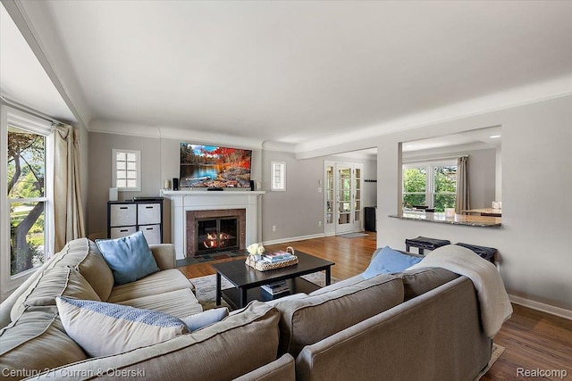 4151 Seminole Dr, Royal Oak, MI 48073 - living area featuring wood finished floors, a fireplace with flush hearth, and ornamental molding