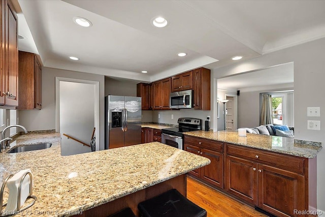 4151 Seminole Dr, Royal Oak, MI 48073 - kitchen with appliances with stainless steel finishes, a peninsula, recessed lighting, light stone counters, and light wood-style floors