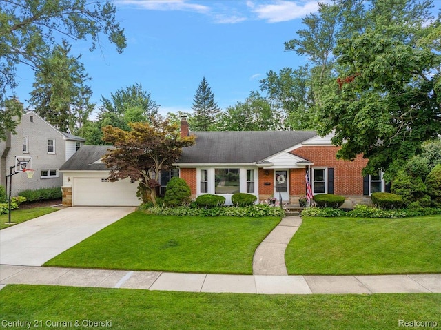 4151 Seminole Dr, Royal Oak, MI 48073 - view of front of house with brick siding, a front lawn, driveway, a garage, and a chimney
