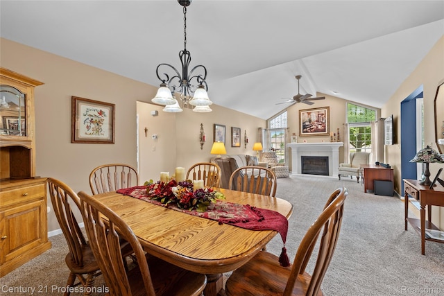 50323 Highpoint Ct, Macomb, MI 48044 - dining area featuring carpet, ceiling fan, vaulted ceiling, a fireplace, and a chandelier
