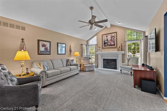 50323 Highpoint Ct, Macomb, MI 48044 - living room featuring ceiling fan, carpet floors, beam ceiling, a tile fireplace, and high vaulted ceiling