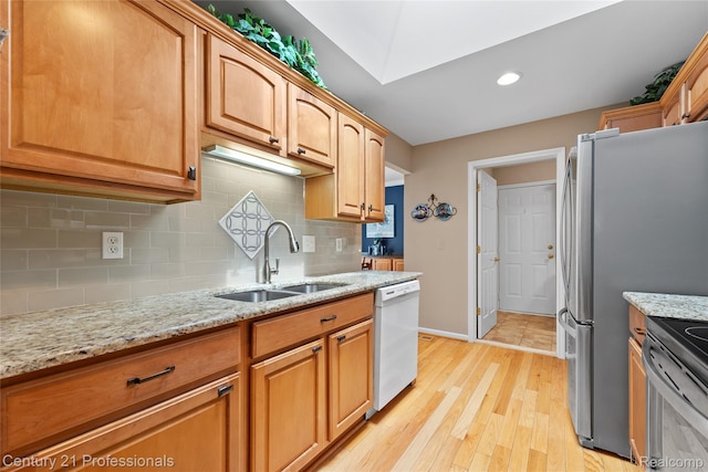 50323 Highpoint Ct, Macomb, MI 48044 - kitchen featuring dishwasher, decorative backsplash, light stone countertops, black range with electric stovetop, and recessed lighting