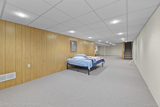 50323 Highpoint Ct, Macomb, MI 48044 - bedroom featuring carpet flooring, recessed lighting, wooden walls, and a paneled ceiling
