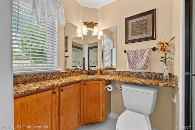 50323 Highpoint Ct, Macomb, MI 48044 - full bath featuring a chandelier, vanity, tile patterned floors, and a shower with shower door