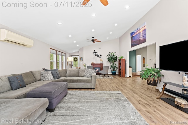 4217 Link Ave, Brighton, MI 48114 - living room featuring a wall mounted air conditioner, ceiling fan, wood finished floors, recessed lighting, and high vaulted ceiling