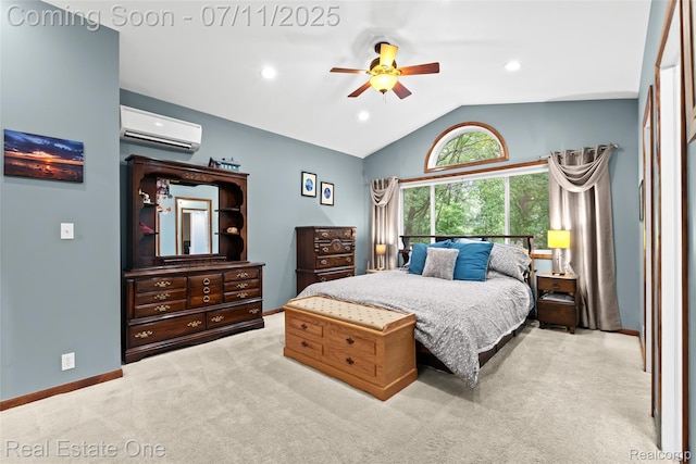 4217 Link Ave, Brighton, MI 48114 - bedroom with a wall mounted air conditioner, carpet, lofted ceiling, and a ceiling fan