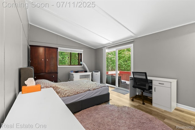 4217 Link Ave, Brighton, MI 48114 - bedroom featuring access to exterior, vaulted ceiling, light wood-style floors, and an office area