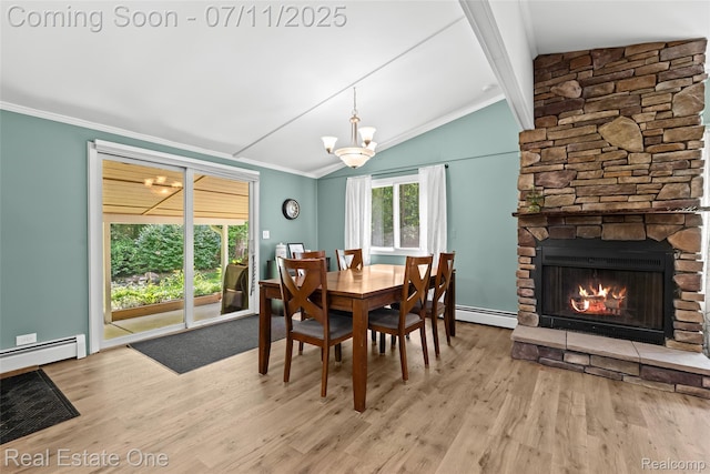 4217 Link Ave, Brighton, MI 48114 - dining room featuring baseboard heating, wood finished floors, a chandelier, ornamental molding, and a fireplace