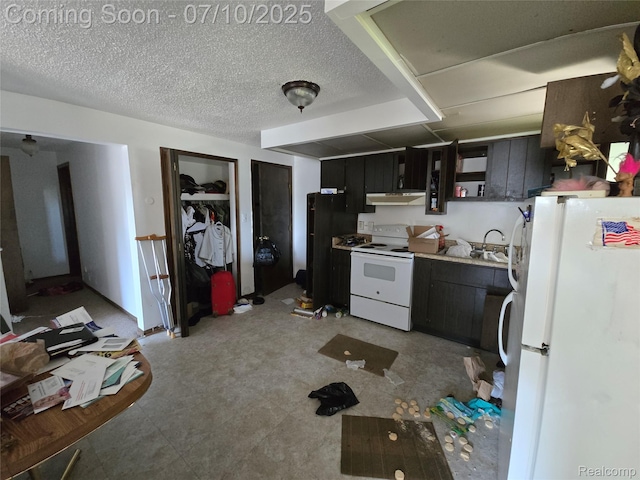 46 Michigan St, Mount Clemens, MI 48043 - kitchen featuring white appliances, under cabinet range hood, open shelves, dark cabinetry, and light countertops