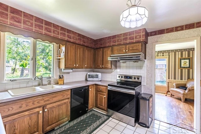 595 Stoneham Rd, Saginaw, MI 48638 - kitchen featuring stainless steel electric stove, black dishwasher, under cabinet range hood, wallpapered walls, and light countertops