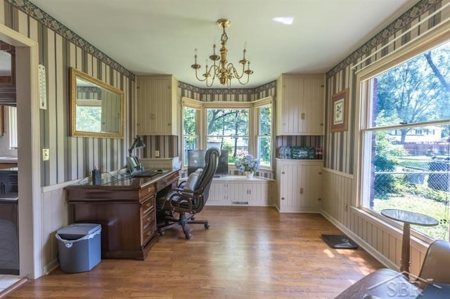 595 Stoneham Rd, Saginaw, MI 48638 - office space featuring wallpapered walls, wood finished floors, a chandelier, and wainscoting
