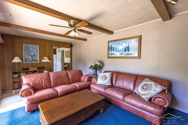 595 Stoneham Rd, Saginaw, MI 48638 - carpeted living area with beamed ceiling, ceiling fan, and wooden walls