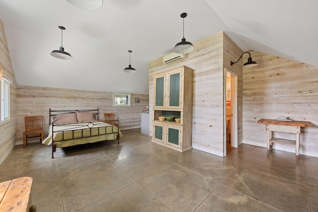 15337 Pardee Rd, Galien, MI 49113 - bedroom featuring wooden walls, a wall mounted air conditioner, finished concrete floors, and high vaulted ceiling