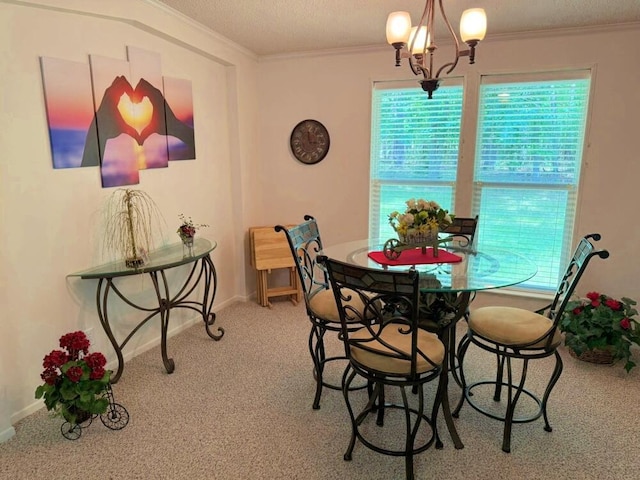 7878 Schooner Ln, Canadian Lakes, MI 49346 - carpeted dining room featuring crown molding, healthy amount of natural light, a chandelier, and a textured ceiling