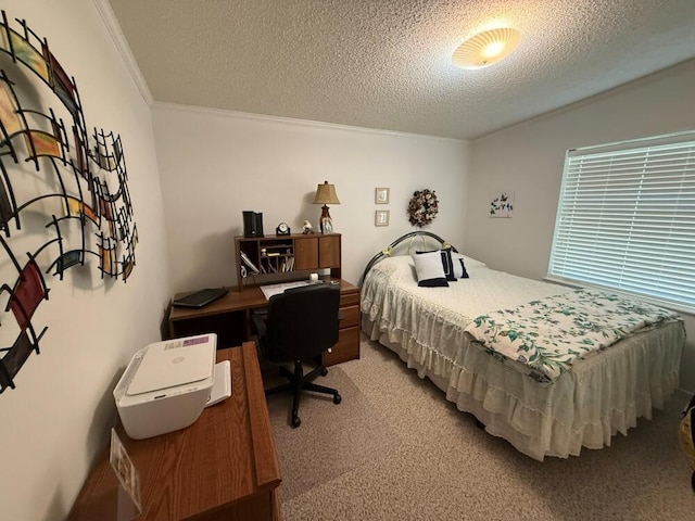 7878 Schooner Ln, Canadian Lakes, MI 49346 - bedroom featuring a textured ceiling, ornamental molding, light carpet, and a desk