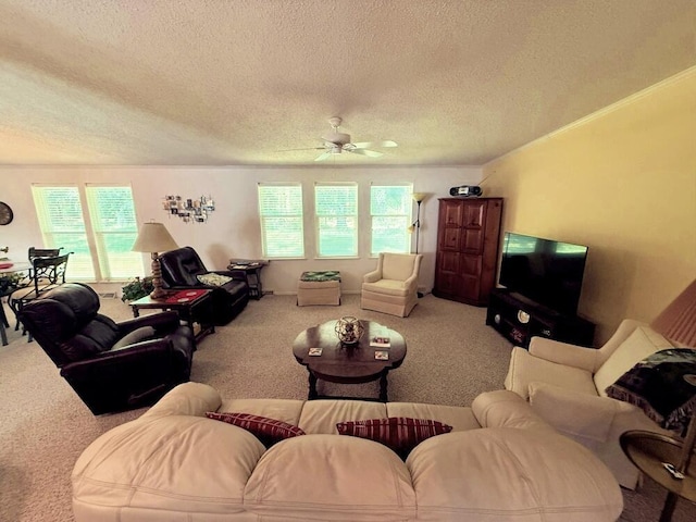 7878 Schooner Ln, Canadian Lakes, MI 49346 - living area featuring a textured ceiling, carpet, and ceiling fan