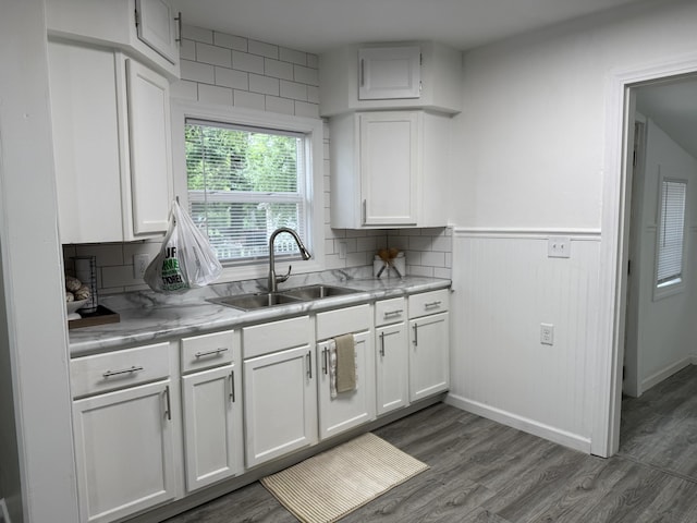 1008 Cooper Ave, Kalamazoo, MI 49048 - kitchen featuring white cabinets, light countertops, dark wood-style floors, wainscoting, and decorative backsplash
