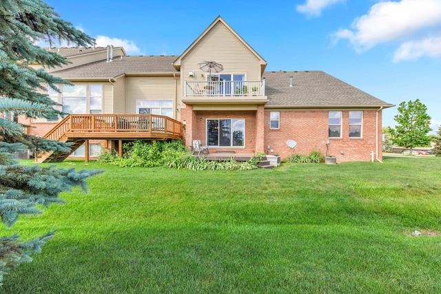 5196 Mesa Dr, Michigan, MI 48316 - rear view of house featuring a wooden deck, a yard, brick siding, a balcony, and stairs