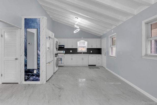 25288 Hopkins St, Dearborn Heights, MI 48125 - kitchen with white appliances, vaulted ceiling, white cabinets, light marble finish flooring, and hanging light fixtures