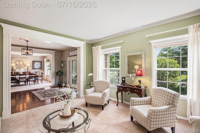 4190 Derry Ct, Oakland, MI 48306 - carpeted living room with healthy amount of natural light, ornamental molding, and a chandelier