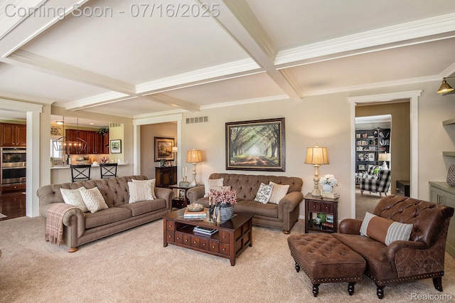 4190 Derry Ct, Oakland, MI 48306 - living area featuring coffered ceiling, light colored carpet, beam ceiling, and ornamental molding