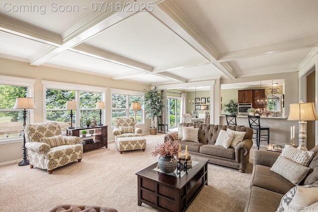 4190 Derry Ct, Oakland, MI 48306 - living room featuring coffered ceiling, carpet, beam ceiling, healthy amount of natural light, and ornamental molding