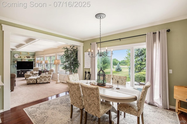 4190 Derry Ct, Oakland, MI 48306 - dining area featuring a chandelier, beam ceiling, dark wood finished floors, and crown molding