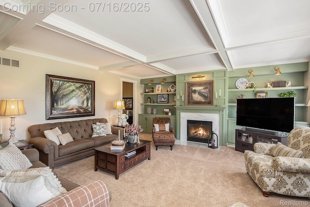 4190 Derry Ct, Oakland, MI 48306 - living area featuring coffered ceiling, a high end fireplace, beam ceiling, carpet floors, and ornamental molding