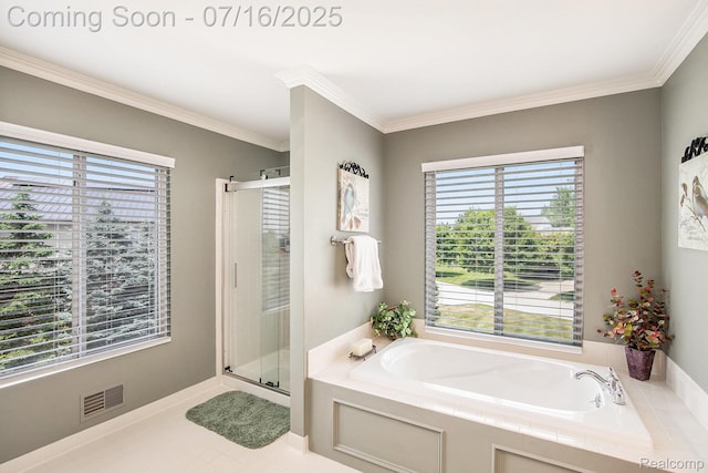 4190 Derry Ct, Oakland, MI 48306 - full bath featuring a bath, a stall shower, tile patterned flooring, and crown molding